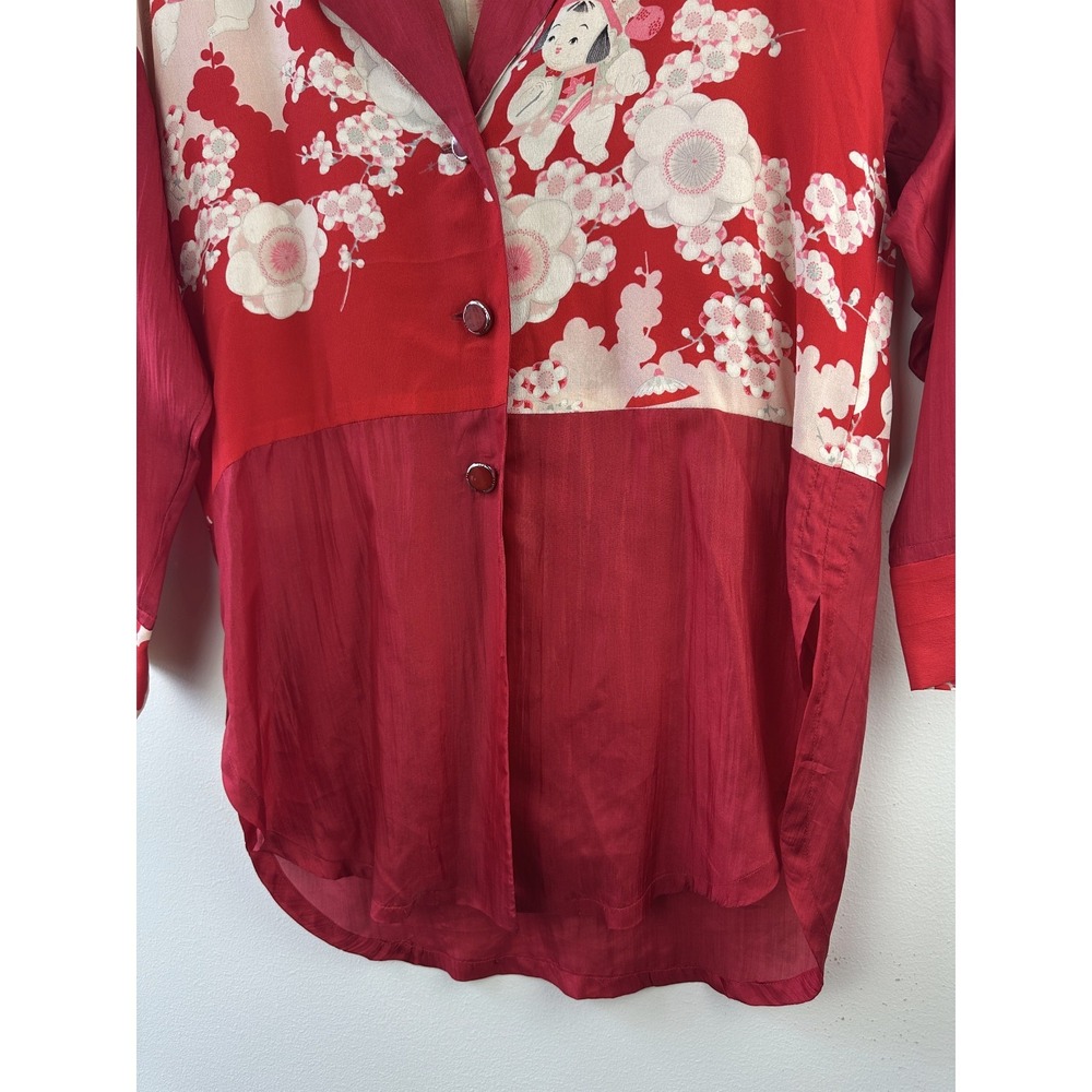 Vintage Itsuko Takeda 100% Silk Kimono Floral Tunic Blouse Red Women No Size - Picture 3 of 16